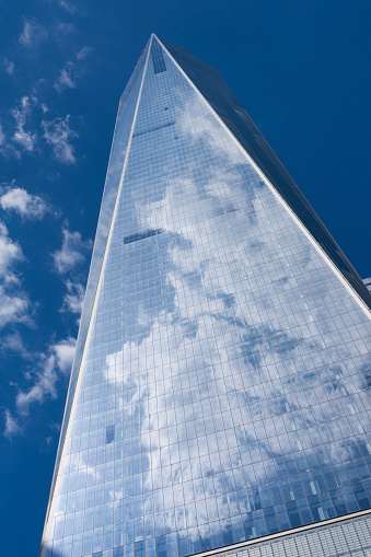 Upward view of the new One World Trade Center, also known as the Freedom Tower, in Manhattan, New York City.