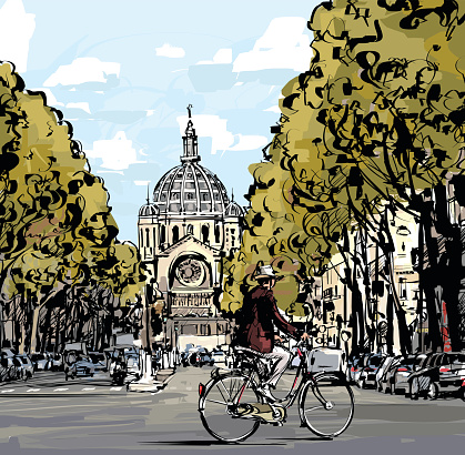 Cyclist on the boulevard in front of Saint Augustin church in Paris - Vector illustration