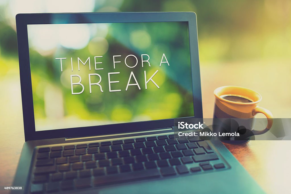 Time for a coffee break vintage editing style Coffee break at morning concept with laptop serene morning vintage editing style Weekend Activities Stock Photo