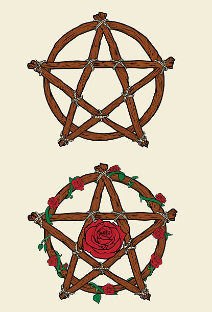 Pentacles de madeira com rosas - ilustração de arte vetorial