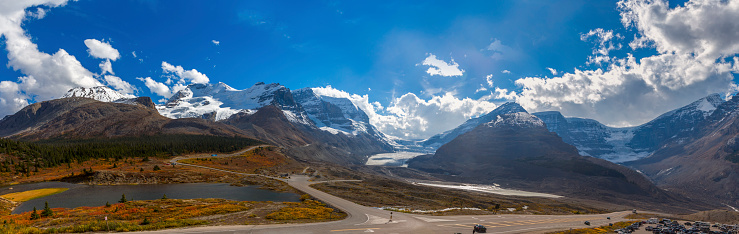 En route to Jasper from Banff, you drive the Icefield Parkway. At the Columbia Icefield, you can take a tour onto the surface of the Athabasca Glacier by Ice Explorer; a massive vehicle specially designed for glacial travel. 
