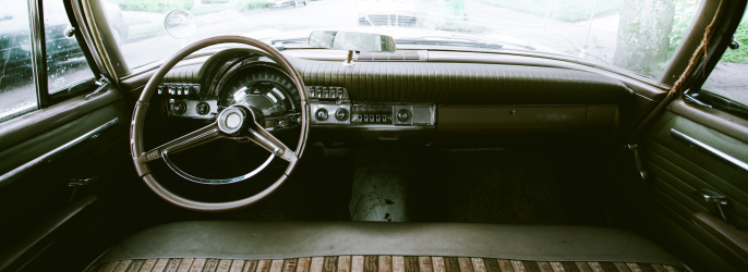 Vintage car dash board and interior, of a 1962 Chrysler Newport