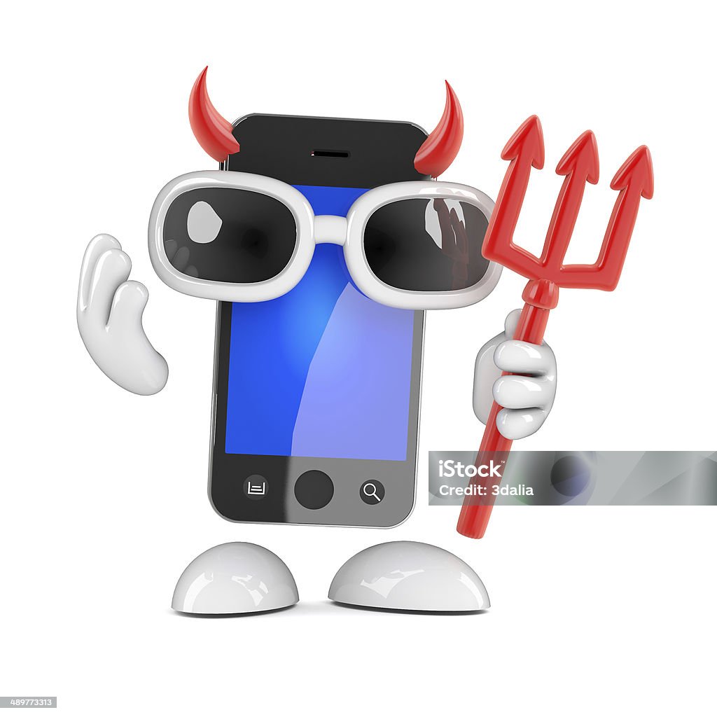 3d Evil smartphone 3d render of a smartphone with devils horns and trident Cartoon Stock Photo