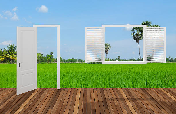 istock Landscape behind the opening door and window,3D 489773841