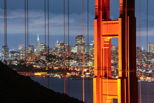 The iconic Golden Gate Bridge with cityscape of San Francisco, California, USA.