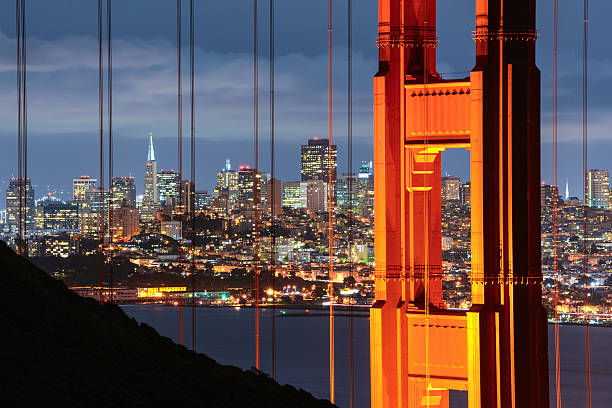 Golden Gate Bridge and Cityscape of San Francisco, California, USA The iconic Golden Gate Bridge with cityscape of San Francisco, California, USA. telephoto lens stock pictures, royalty-free photos & images