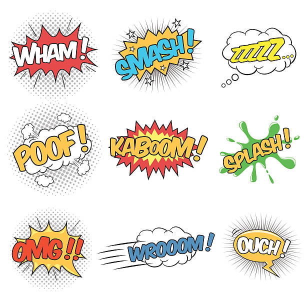 ilustraciones, imágenes clip art, dibujos animados e iconos de stock de conjunto de efectos de sonido para texto de cómic discurso burbujas - omg