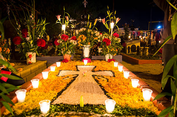 Decorated tomb in the cemetery of Xoxocoatlan, Mexico stock photo