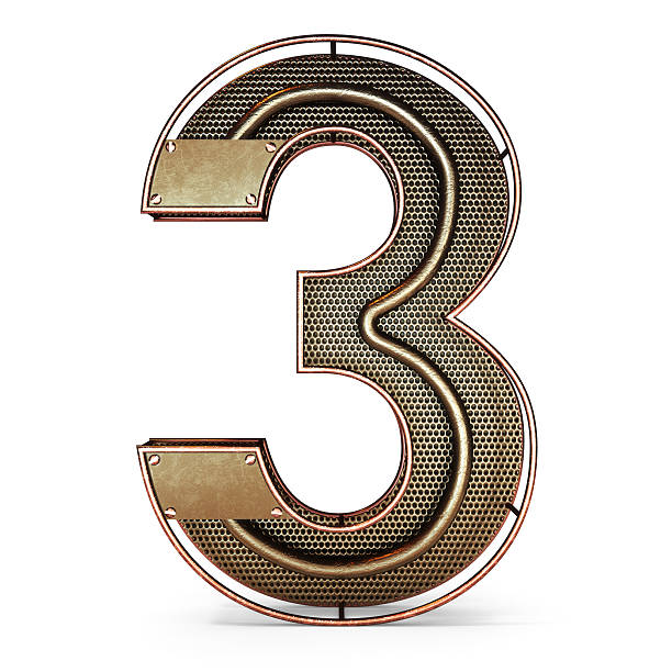 3d number three 3 symbol with rustic gold metal 3d number three 3 symbol with rustic gold metal, mesh, tubes with copper and brass accents.Isolated on a white background. steampunk fashion stock pictures, royalty-free photos & images