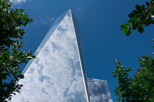 Upward view of the new One World Trade Center, also known as the Freedom Tower, in Manhattan, New York City.