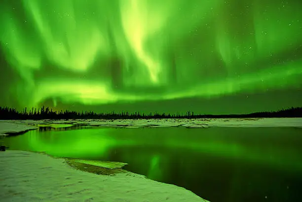 Aurora Borealis Northern Lights reflections in a lake in winter at Fairbanks Alaska