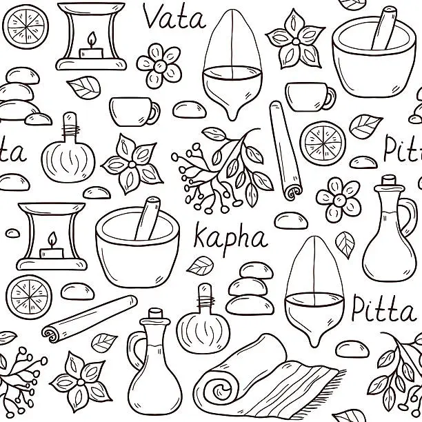 Vector illustration of Seamless background with cartoon ayurvedic objects in hand drawn style