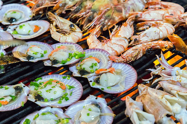 Barbecue Grill cooking seafood.