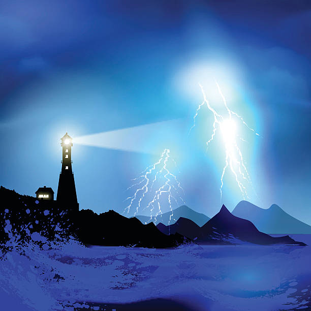 Lighthouse in the storm Stormy sky over flooded lighthouse. Vector illustration lightning tower stock illustrations