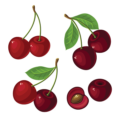 Ripe cherry and cherry slices on a white background.