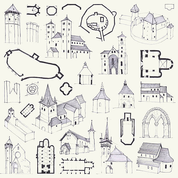 Fortified churches. Hand drawing of plans, elevations, perspectives and details vector art illustration