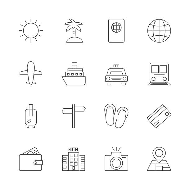 travel icons set travel icons set cruise ship cruise passport map stock illustrations