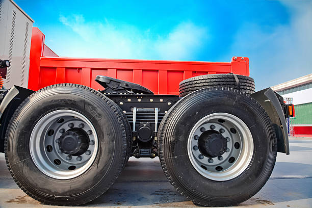 Wheels of a Semi-trailer truck under blue sky
