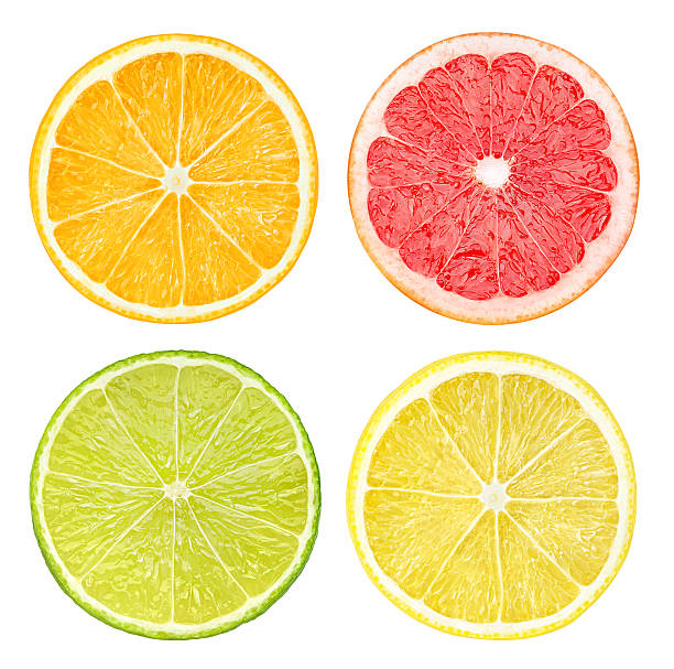 rodajas de frutas cítricas aislado en blanco - slice of lemon fotografías e imágenes de stock