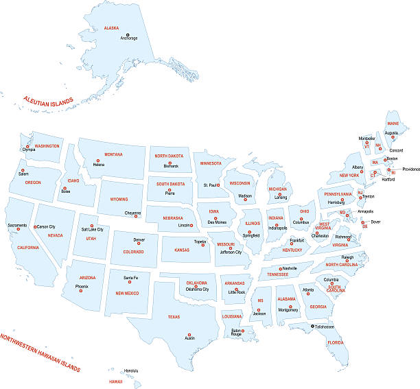 USA map Precise vector illustration of USA map with divided states and borders. There are also names of capitals and States. Every object group on separate layer so it's easy to edit illustration.  alaska us state illustrations stock illustrations