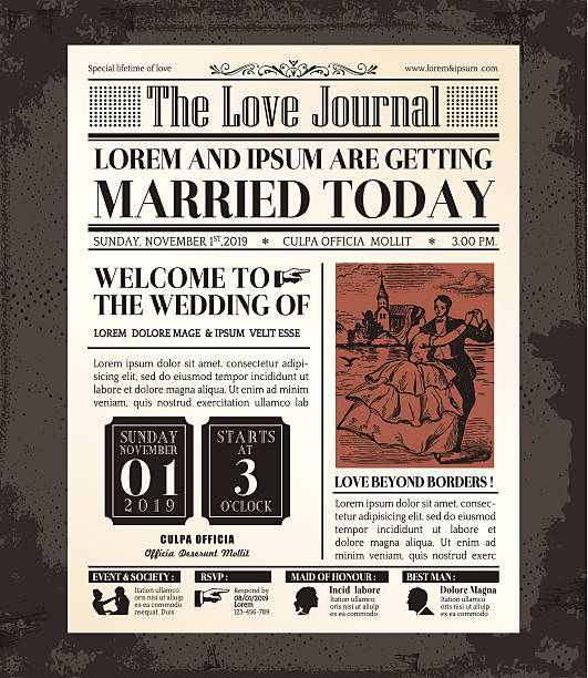 Vintage Newspaper Wedding Invitation card Design Vintage Newspaper Journal Wedding Invitation Vector Design Template old newspaper stock illustrations