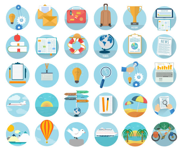 illustration von 30 runde reisen und urlaub symbole - nautical vessel buoy passenger ship computer icon stock-grafiken, -clipart, -cartoons und -symbole