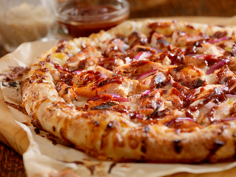 BBQ Chicken Pizza with Red Onions- Photographed on a Hasselblad H3D11-39 megapixel Camera System