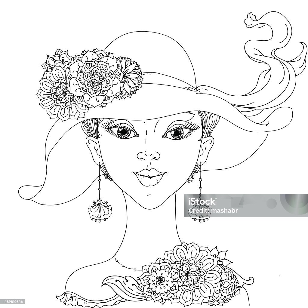 Beautiful fashion women Beautiful fashion  women with abstract hair and 70s style hat with floral design elements , could be used  for coloring book.  Black and white in style. Human Face stock vector