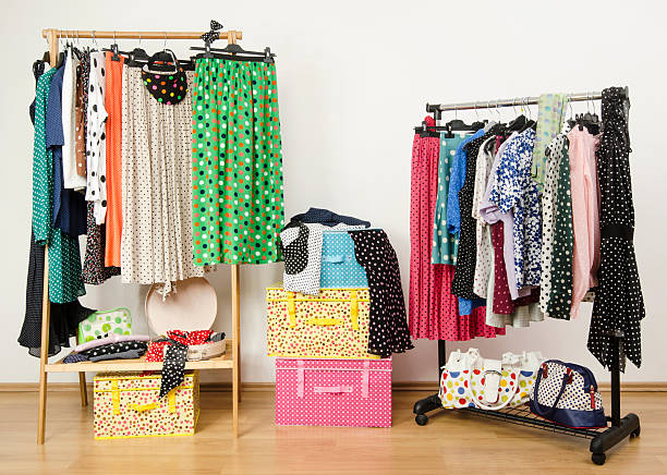 istock Dressing closet with polka dots clothes arranged on hangers. 489811149