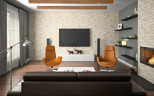 istock Interior of the loft with orange armchairs and fireplace 489811531