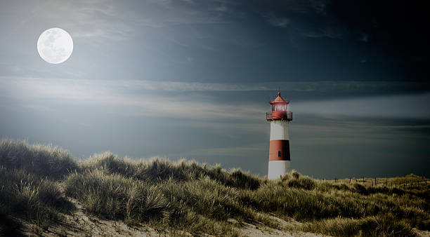 Lightouse on dune vintage photo effect. stock photo