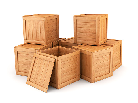 Group of wooden boxes isolated on white background. Shipping, cargo, warehouse and logistic concept.