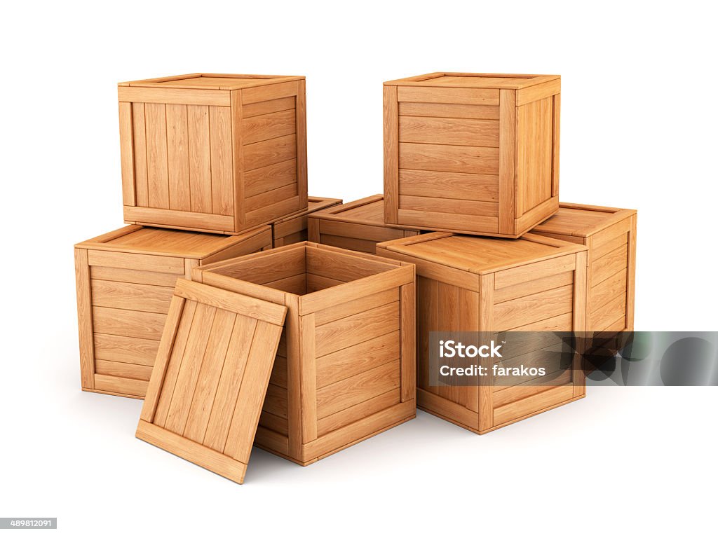 Wooden boxes group Group of wooden boxes isolated on white background. Shipping, cargo, warehouse and logistic concept. Wood - Material Stock Photo