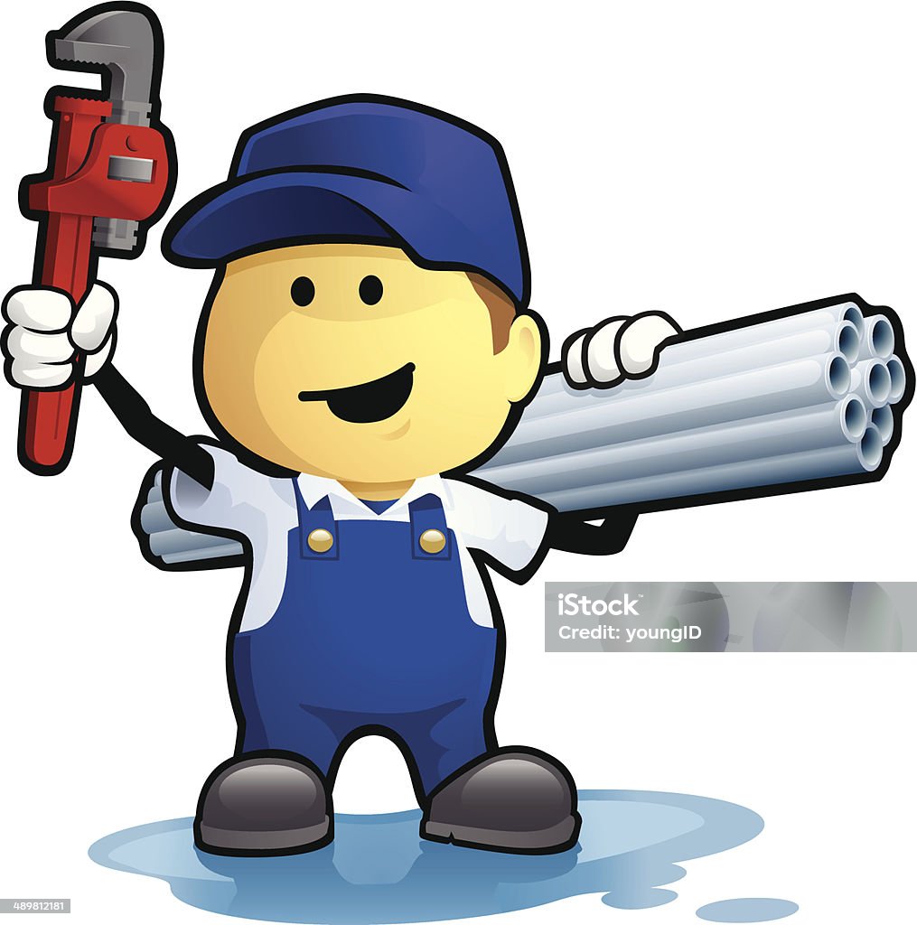 Plumber Cute cartoon plumber stood in a puddle. He is holding a wrench and carrying pipes. Layered & grouped for ease of use. Download includes EPS8 file and hi-res jpeg.  Plumber stock vector