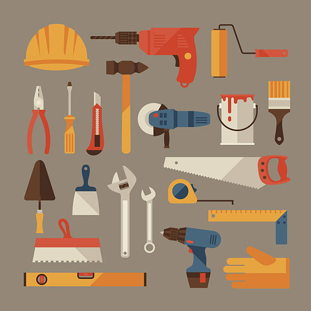 ilustraciones, imágenes clip art, dibujos animados e iconos de stock de construcción y reparación de conjunto de iconos de herramientas de trabajo. - wallpaper brush illustrations