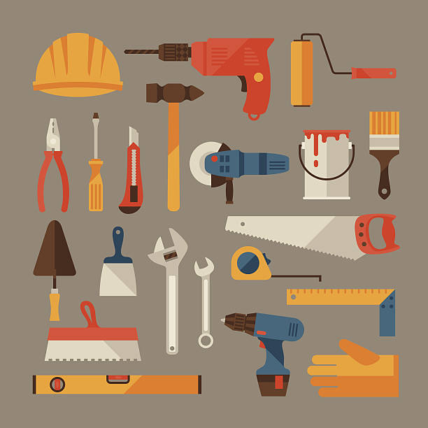 수리 및 공사장 작업 도구 아이콘 세트. - drill power tool work tool carpenter stock illustrations