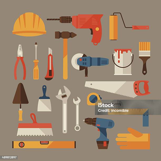 Ремонт И Строительство Рабочие Инструменты Икона Set — стоковая векторная графика и другие изображения на тему Рабочий инструмент