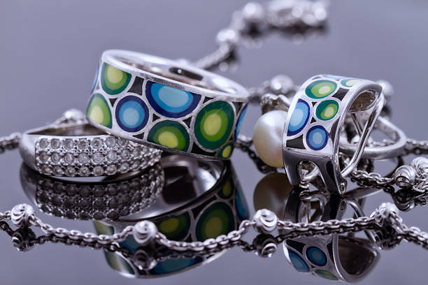 istock Unusual beautiful silver chain and a silver ring with gems 489814100