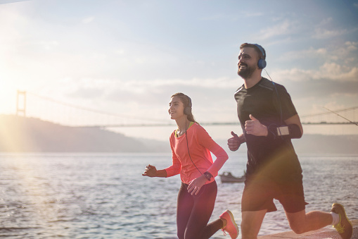 Couple running in Istanbul early in the morning.