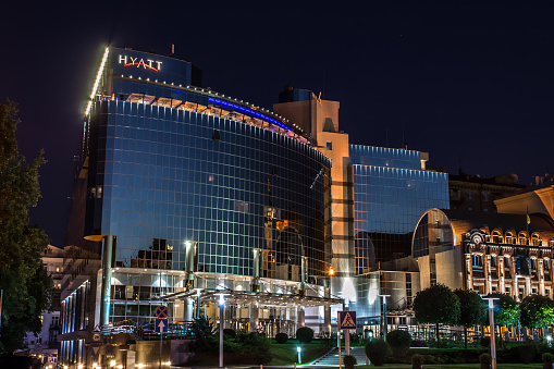 Kiev, Ukraine - 26 of July 2014: Luxury Hyatt hotel at night in Kiev
