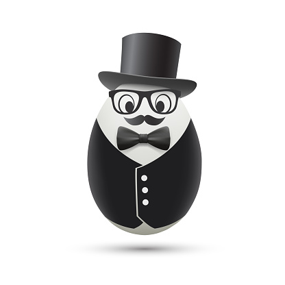 White egg in a tuxedo and hat. Vector image.