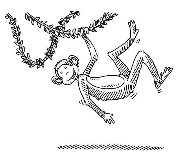 Vector illustration of Swinging Cartoon Monkey Drawing