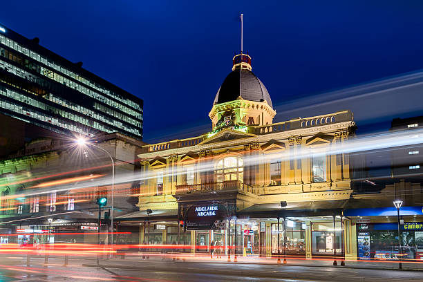 Adelaide Arcade building at night Adelaide, South Australia - August 11, 2015: Adelaide Arcade building at night with traffic along the Grenfell Street. Long exposure settings applied. bendigo photos stock pictures, royalty-free photos & images