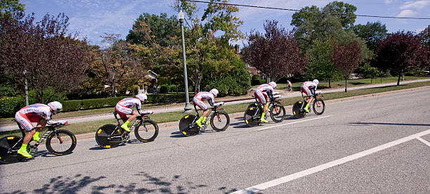 UCI Road World Championships Richmond, Virginia, United States- September 20, 2015: World class riders wearing red, white and blue cycle up an incline on Hermitage Road in Richmond, Virginia during time trials at the UCI Road World Championships, Sunday September 20, 2015. uci road world championships stock pictures, royalty-free photos & images