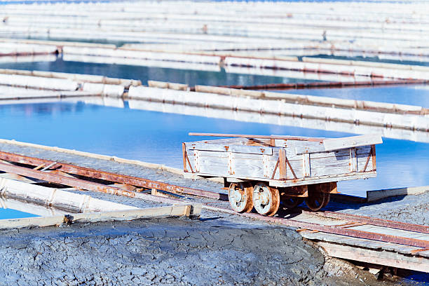 Old wooden cart for collecting salt in front of salt pans in Slovenia, Europe.