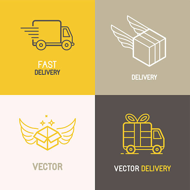 wektor dostawa ekspresowa usługi logo - packaging freight transportation box moving office stock illustrations