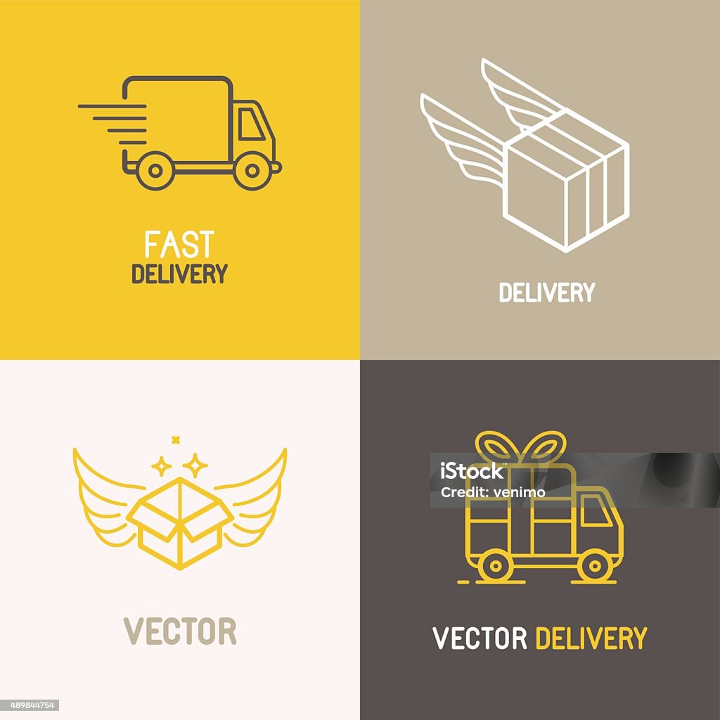 Vector express delivery service logo Vector express delivery service logo design elements in trendy linear style - set of flat trucks and boxes emblems Free of Charge stock vector