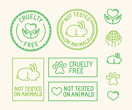 Vector set of ecology badges and stamps for packaging - not tested on animals and cruelty free - icons in trendy linear style