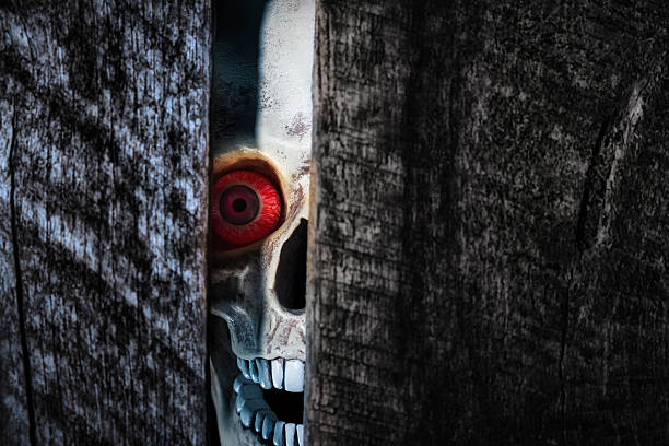 istock Spooky Skull staring out between wooden borads 489845716