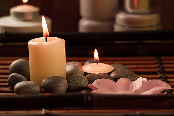 istock Beautiful Spa composition with aroma candles on wooden 489862556
